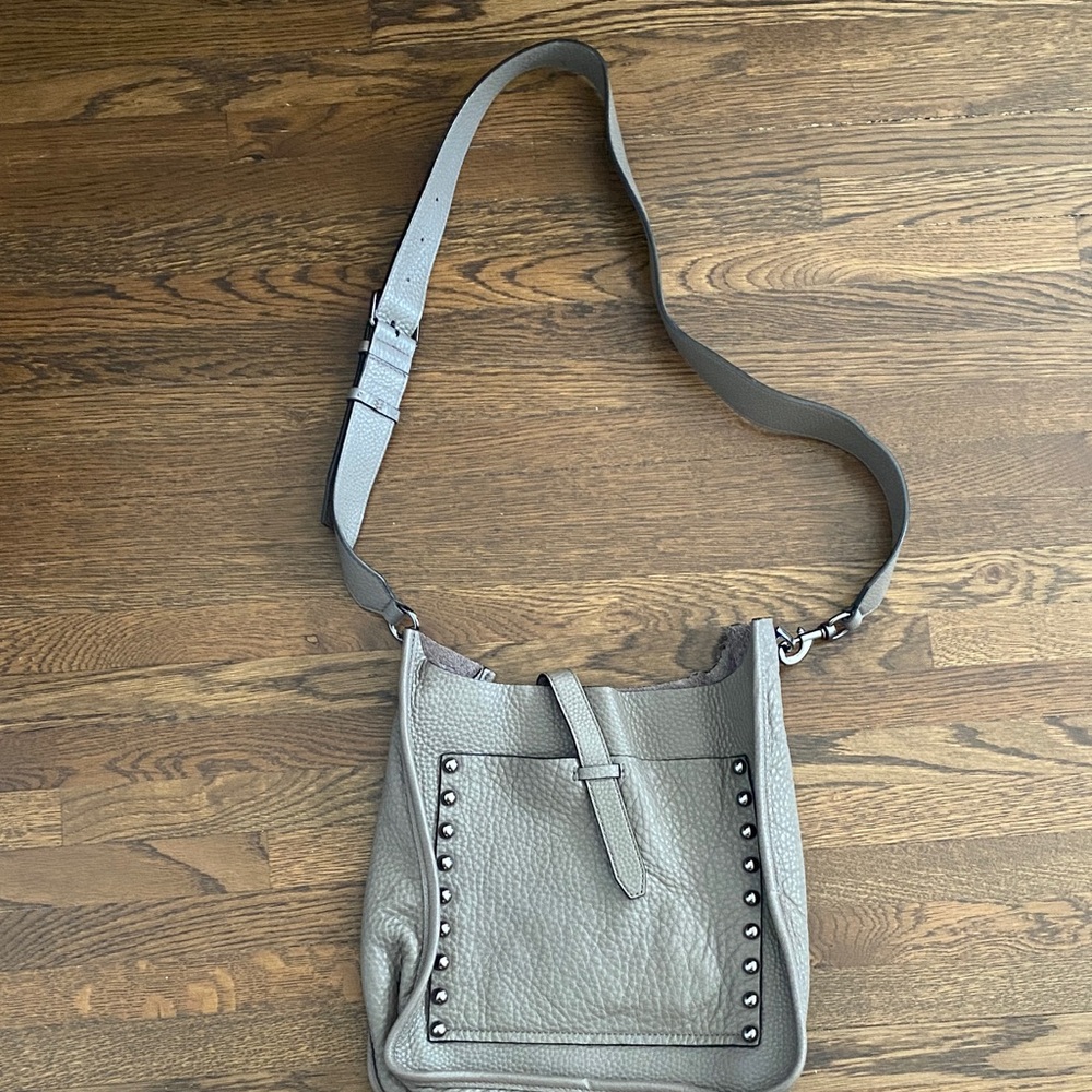Gray Leather Studded Shoulder Bag